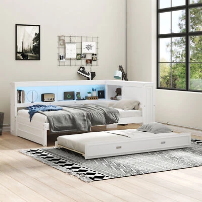 Full Size Wood Daybed Bed Frame Sofa Bed W/Storage Shelves/USB/LED/Trundle White - Image 1 of 4