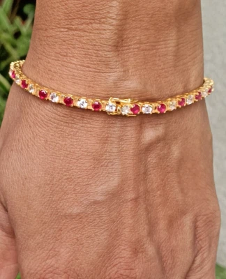 12 Ct Runde Simulierte Saphir Diamant 14k Gelb Vergoldetes Tennisarmband - Bild 1 von 4