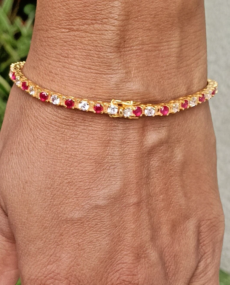 12 Ct Runde Simulierte Saphir Diamant 14k Gelb Vergoldetes Tennisarmband - Bild 1 von 4