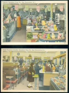 2 INTERIOR POSTCARDS, EARNSHAW DRUG STORE, E. GREENWICH, R.I. - Picture 1 of 1