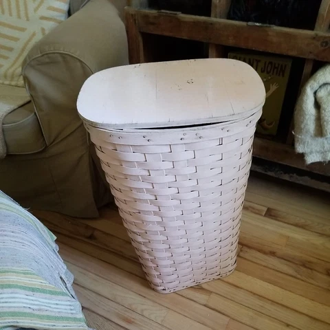 Antique 24" Wood Splint Hamper Laundry Storage Basket Pink w/Lid Vintage Tall Cover