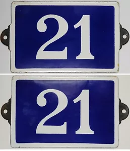 Old blue French house number 21 door gate plate plaque steel enamel sign - pick - Picture 1 of 3