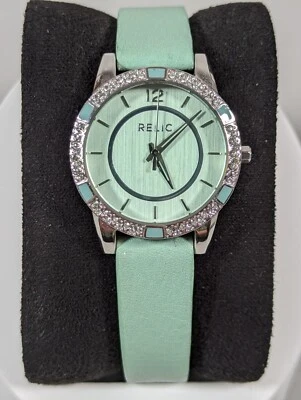 Relic Green Dial Round Crystal Accent Silver Tone Case Green Leather Band Watch - Image 1 of 4
