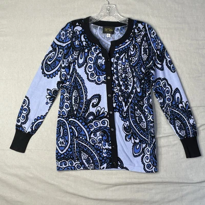 Suéter Cárdigan Artístico Usable Bob Mackie Talla XXS Azul Negro Botón DEFECTUOSO Foto 1 de 4