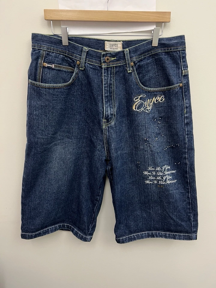 Shorts jeans vintage Enyce masculino tamanho 36 azul jeans caveira hip hop skatista Y2K - Imagem 1 de 4
