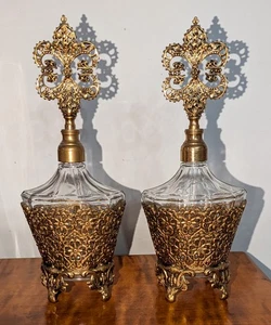 Vintage Paar Globus Ormolu Parfum Flakon Glas Dauber 24K Teller Gold filigran - Bild 1 von 5