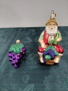 Alte Welt Weihnachten mundgeblasenes Glas Winzer Weihnachtsmann & Trauben Ornamente Weinfass  - Bild 1 von 5