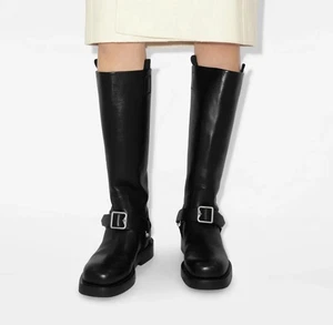 Burberry Saddle Low Harness Strap Boots Women's Dark Green Round Toe Size 37.5 - Picture 1 of 16