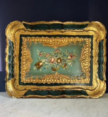 "Bandeja de madera Legno florentina vintage hecha en Italia azul turquesa y dorado 11""" Foto 1 de 4
