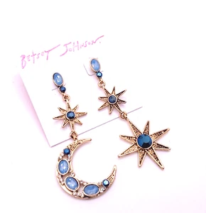 Betsey Johnson Gold/ Blue Tone Mismatch Celestial Symbolic Dangle/Drop Earrings - Picture 1 of 5