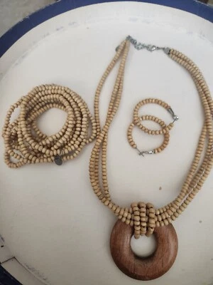 NWOT Cookie Lee Matching set Statement wood necklace,hoop earrings, 10 bracelets - Image 1 of 4