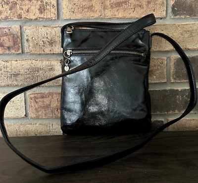 HOBO CROSSBODY BAG BLACK SHINY LEATHER UNUSED DISPLAY - Image 1 of 4