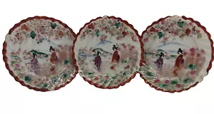3 piatti porcellana Kutani giapponesi dipinti a mano piccoli 6" rosso smerlato guscio d'uovo - Foto 1 di 3
