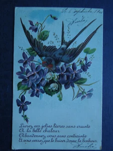 Carte Postale Ancienne Gaufrée Violettes Muguet Hirondelle Baiser - Picture 1 of 2