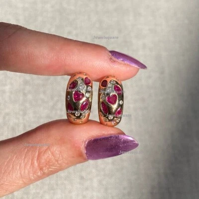 Real Ruby & Natural Diamond Flush Set Dome Hoop Huggie Earrings 14K Yellow Gold  - Image 1 of 4