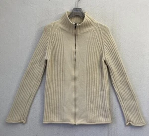 Burberry London Sweater Womens Medium Nova Check Merino Wool Full Zip White Knit - Picture 1 of 10