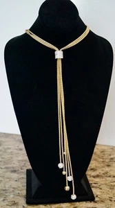 LOVEROCKS Multi-Strand Lariat Gold Tone Necklace w/ Crystal Encrusted Slider - Picture 1 of 12