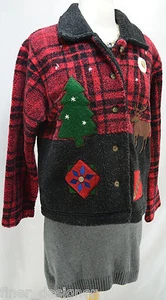 Talbots Vintage leichter Mantel Blazer Jacke Elch hässlich Weihnachten kariert flauschig Fleece PS - Bild 1 von 7