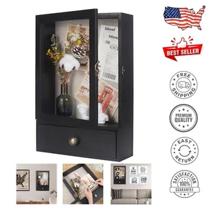 Deep Shadow Box Frame with Glass & Drawer - Rustic Memory Display Case in Black - Picture 1 of 9