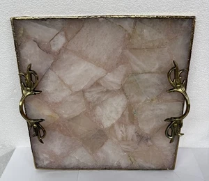 Natural Rose Agate Square Serving Tray w/ Gold Electroplated Edges & Handles - Picture 1 of 7