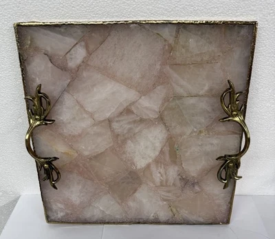 Natural Rose Agate Square Serving Tray w/ Gold Electroplated Edges & Handles - Image 1 of 4
