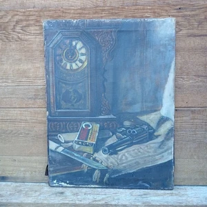 Vintage Ölgemälde Revolver/Gewehr Messer Uhr 24" x 18" - Bild 1 von 10