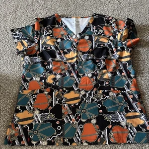 PANDAMED SCUBS Women’s Scrub Top Sz L V-neck Multi Color - Picture 1 of 3