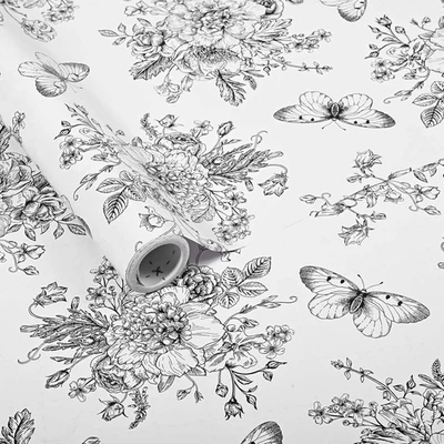 1Roll Black White Floral Wrapping Paper Retro Flowers Butterfly Printed Gift Wra - Image 1 of 4