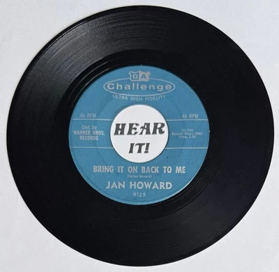 Hot Girl Rockabilly Country 45 JAN HOWARD Bring It / My Baby's CHALLENGE hear Foto 1 de 3