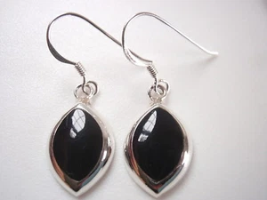Black Onyx Almond Shaped Earrings 925 Sterling Silver Dangle - Picture 1 of 2