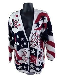 Vtg Cardigan Sweater Stars Stripes Flag USA Patriotic Red White Blue Ramie Sz L - Picture 1 of 14