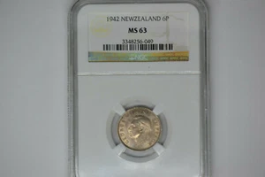 New Zealand: 1942 6 Pence- NGC MS-63. Lovely. - Picture 1 of 5