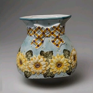World Bazaars Inc. Ceramic Vase with 3-D Yellow Flowers Base Plaid Border at Top - Picture 1 of 6
