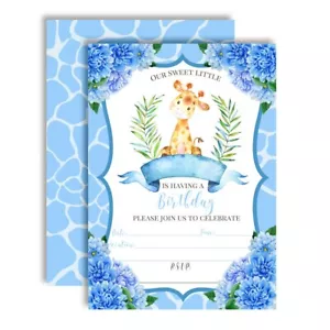 Blue Watercolor Giraffe Birthday Party Invitations for Kids set of 10 - Picture 1 of 4