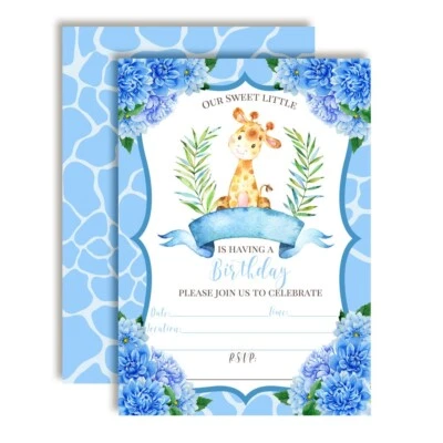 Conjunto de 10 invitaciones de fiesta de cumpleaños jirafa acuarela azul para niños Foto 1 de 4