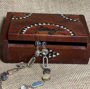 Vintage Hinged Wooden Box Folk Art Inlaid MOP; Etched Inca (?) Design; Hand-Made - Picture 1 of 7