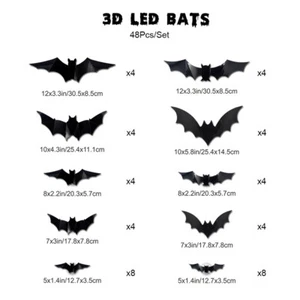 48Pcs Halloween Bat Decorations,3D Halloween Decor Bat Wall Sticker w/ Lights US - Picture 1 of 13