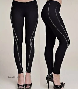 New VOCAL Womens CRYSTAL STUDDED BLACK STUD BLING BIKER LEGGINGS PANTS S USA - Picture 1 of 7