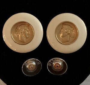 Vintage MONET Gold Tone Roman Coin On Cream Colored Enamel Pierced Earrings