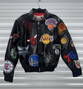 Mens 3XL Jeff Hamilton NBA Teams Logo Patch Leather Jacket Black New - Picture 1 of 8