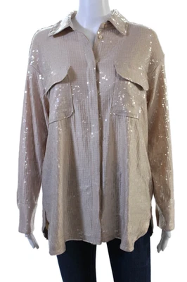 Blusa Rachel Zoe para mujer con cuello abotonado beige manga larga talla M Foto 1 de 4