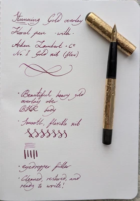 Bolígrafo cuentagotas Aikin Lambert antiguo con superposición de oro, 14k #1 pluma flexible, motivo floral Foto 1 de 4