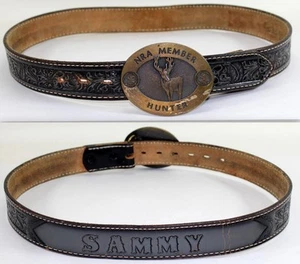 Vintage Western Leather Belt "SAMMY" with NRA Hunter Belt Buckle ~ 34w - Picture 1 of 7
