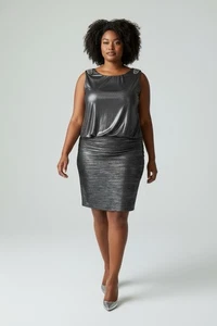 VTG Cocktail Dress Evening Metallic Black Rhinestone Open Back One Shoulder 22W - Picture 1 of 11