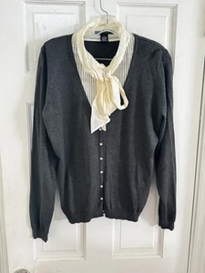 Grace Elements Sz XL Silk Cotton Gray Cardigan Sweater Bow Tie Preppy Chic - Picture 1 of 10