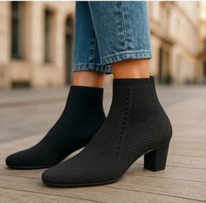 Eileen Fisher Purl Women’s 8 Black Stretch-Knit Bootie Block Heel Shoes - Picture 1 of 8