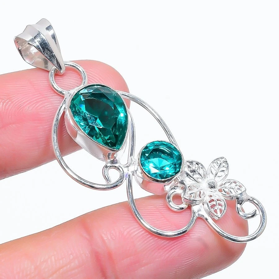 Mint Tourmaline Gemstone Handmade 925 Sterling Silver Jewelry Pendant Sz 1.9" - Image 1 of 1
