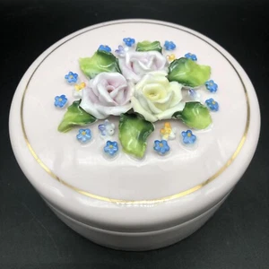 Vintage Antique German Elfinware Porcelain Vanity Box / Jar w/ Roses Pink 4" - Picture 1 of 22