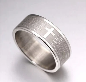 Lord’s Prayer Stainless Steel Ring In English Christian Cross 21mm - Picture 1 of 6