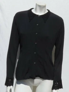 HENRI BENDEL Black Rayon Crepe Lace Collar Long Slvs Blouse Shirt Top US M 8 10 - Picture 1 of 5
